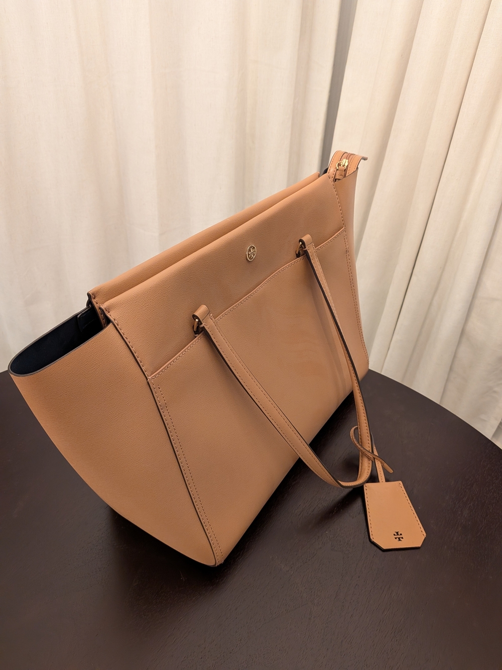 Tory Burch Camel/Tan Leather Tote with Logo Charm